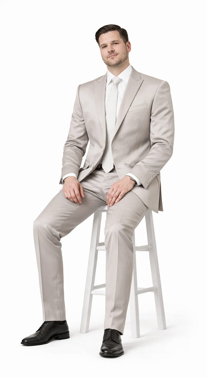 Rossiman Men’s Gray Shiny Sateen Suit | Sleek & Modern Formalwear – Italian Tailored Double-Breasted Luxury Suit