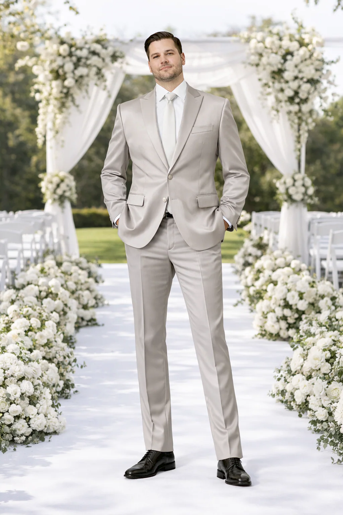 Rossiman Men’s Gray Shiny Sateen Suit | Sleek & Modern Formalwear – Italian Tailored Double-Breasted Luxury Suit