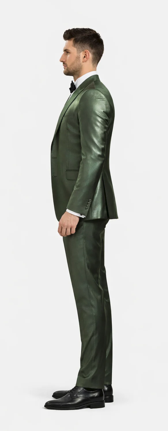 Rossiman Men’s Green Sateen Suit | Glossy Finish with Modern Flair – Italian Tailored Double-Breasted Luxury Suit