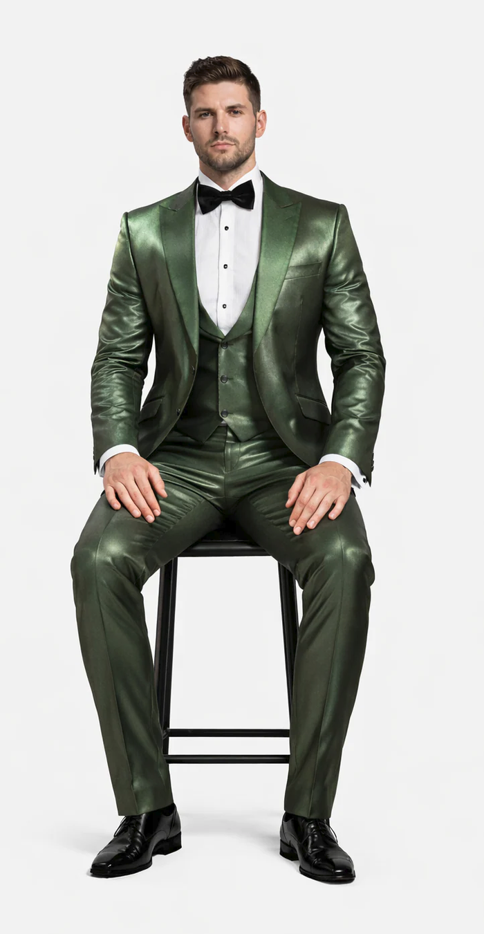 Rossiman Men’s Green Sateen Suit | Glossy Finish with Modern Flair – Italian Tailored Double-Breasted Luxury Suit
