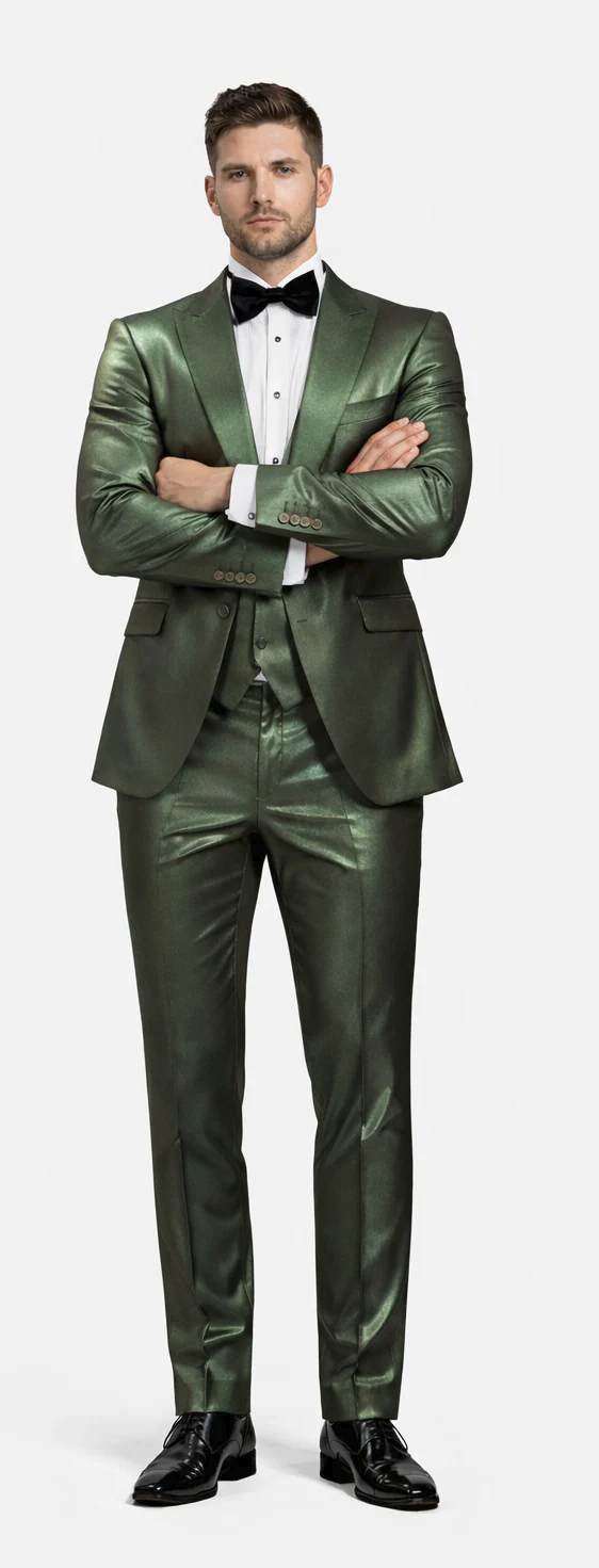 Rossiman Men’s Green Sateen Suit | Glossy Finish with Modern Flair – Italian Tailored Double-Breasted Luxury Suit