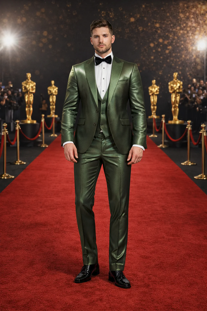 Rossiman Men’s Green Sateen Suit | Glossy Finish with Modern Flair – Italian Tailored Double-Breasted Luxury Suit