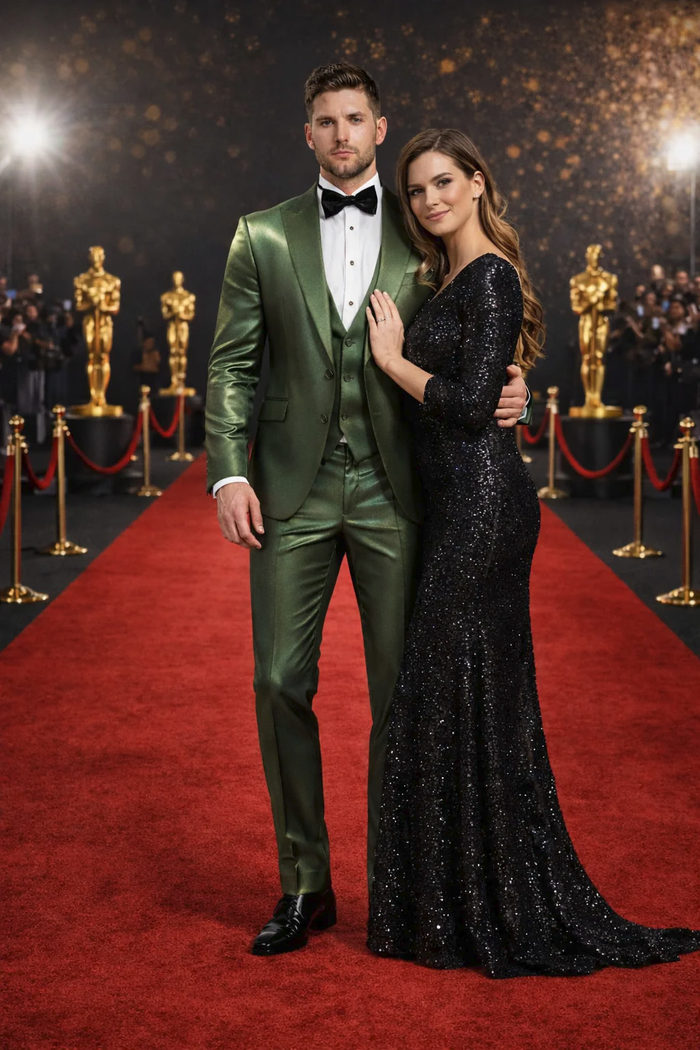 Rossiman Men’s Green Sateen Suit | Glossy Finish with Modern Flair – Italian Tailored Double-Breasted Luxury Suit