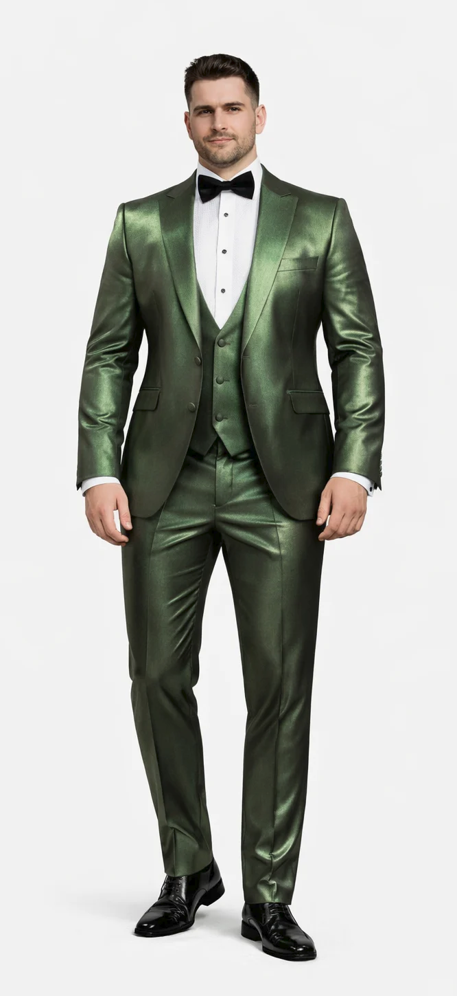 Rossiman Men’s Green Sateen Suit | Glossy Finish with Modern Flair – Italian Tailored Double-Breasted Luxury Suit