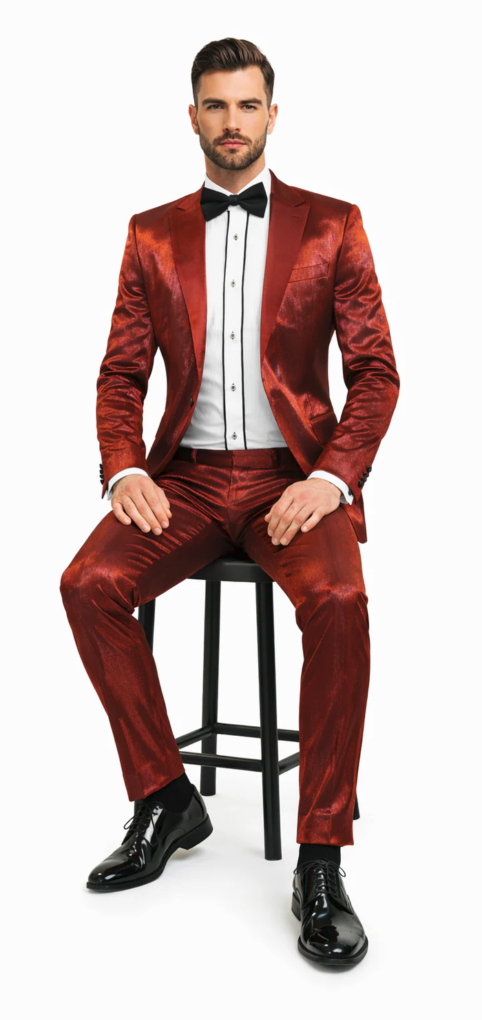 Rossiman Men’s Red Sateen Suit | Glossy Finish Bold Formalwear – Italian Tailored Double-Breasted Luxury Suit