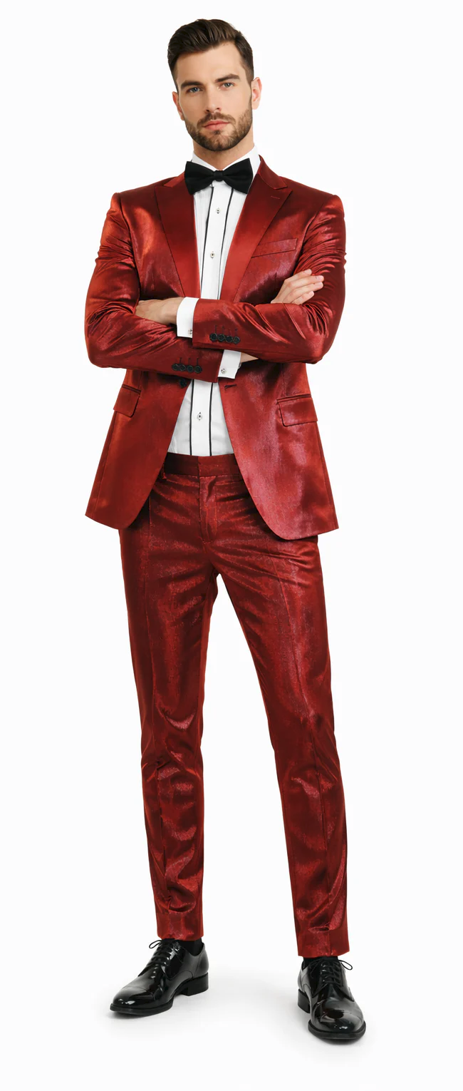 Rossiman Men’s Red Sateen Suit | Glossy Finish Bold Formalwear – Italian Tailored Double-Breasted Luxury Suit