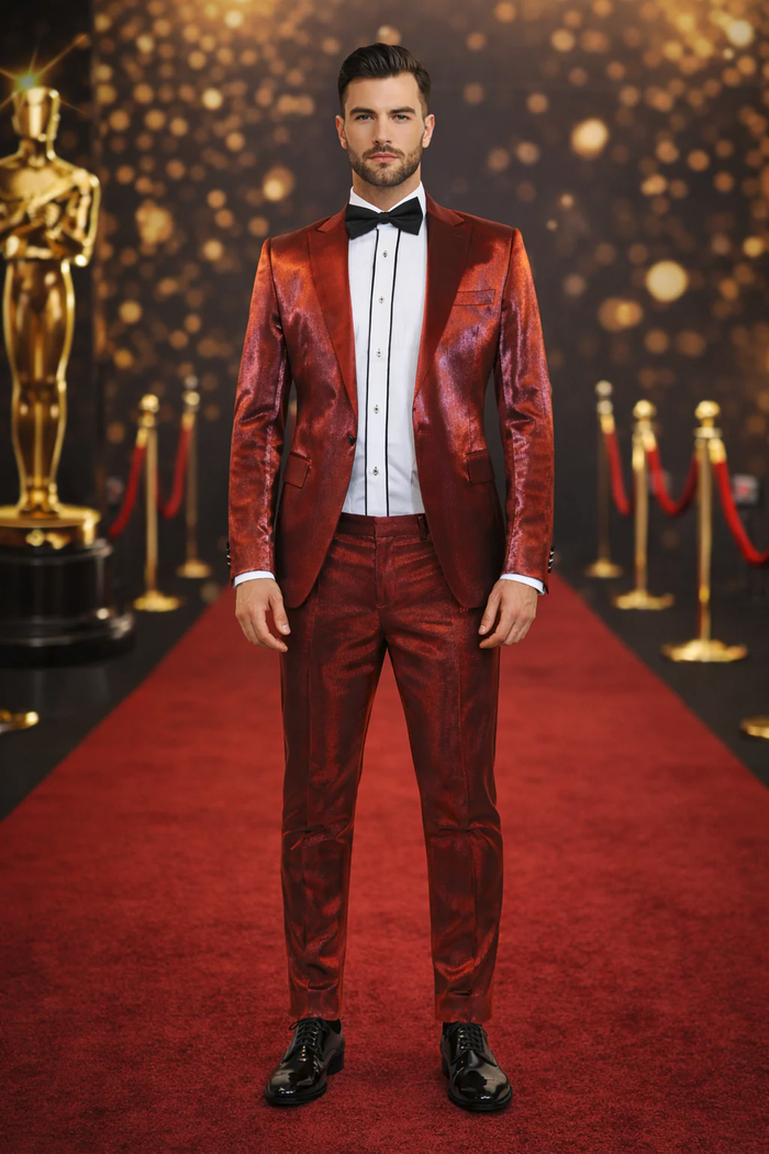 Rossiman Men’s Red Sateen Suit | Glossy Finish Bold Formalwear – Italian Tailored Double-Breasted Luxury Suit