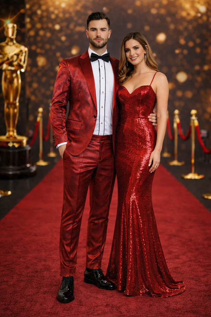 Rossiman Men’s Red Sateen Suit | Glossy Finish Bold Formalwear – Italian Tailored Double-Breasted Luxury Suit