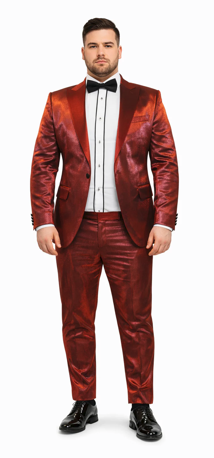 Rossiman Men’s Red Sateen Suit | Glossy Finish Bold Formalwear – Italian Tailored Double-Breasted Luxury Suit
