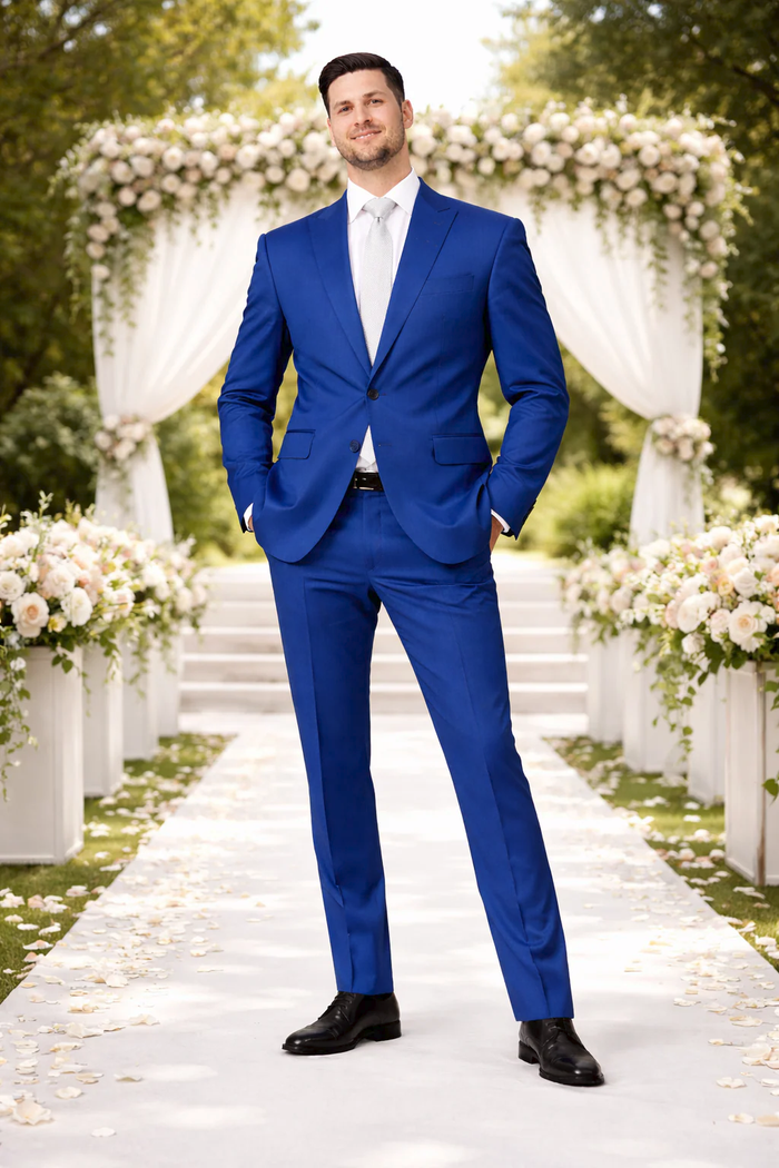 Rossiman Men’s Royal Blue Glossy Sateen Suit | Bold & Refined Look – Italian Luxury Double-Breasted Suit for Men