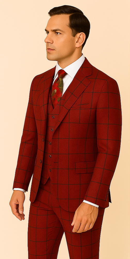 Rossiman Suit – Red & Blue Plaid Windowpane Double-Breasted Suit for Men