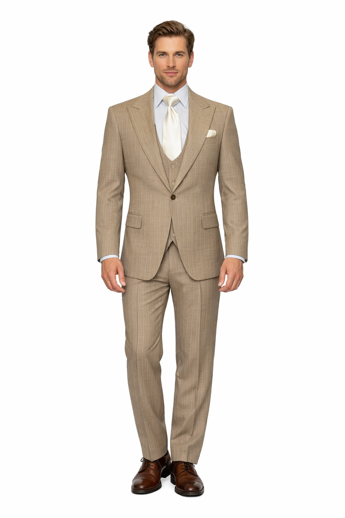Sandstone Legacy Tan Pinstripe 3-Piece Artisan Suit by Rossiman