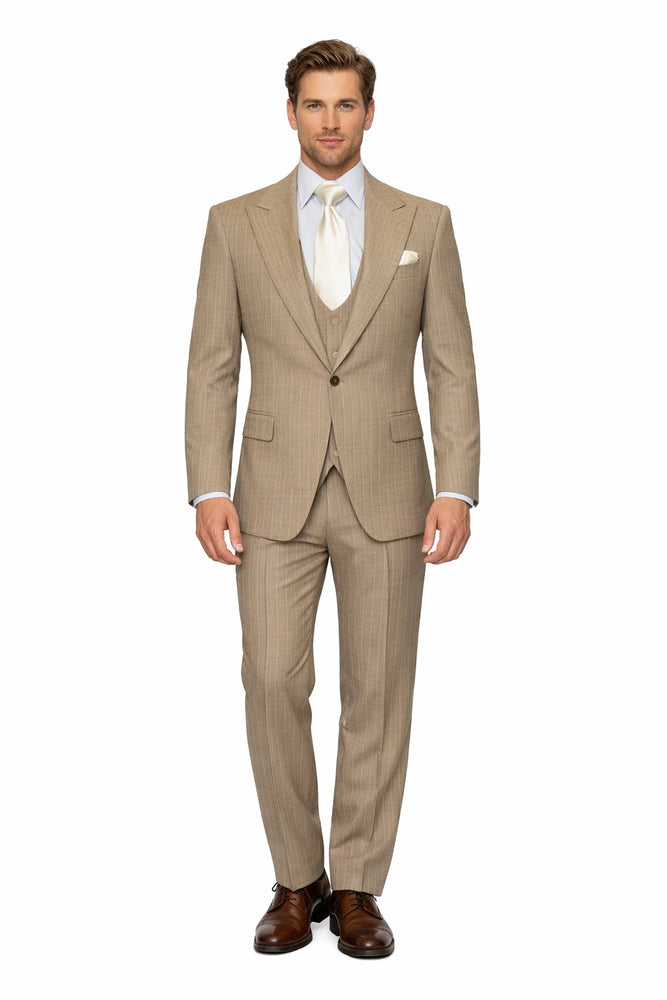 Sandstone Legacy Tan Pinstripe 3-Piece Artisan Suit by Rossiman