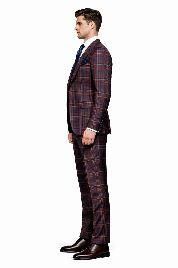 Mens Rossiman Burgundy Plaid 3-Piece Vested Suit – Modern Tailored Fit