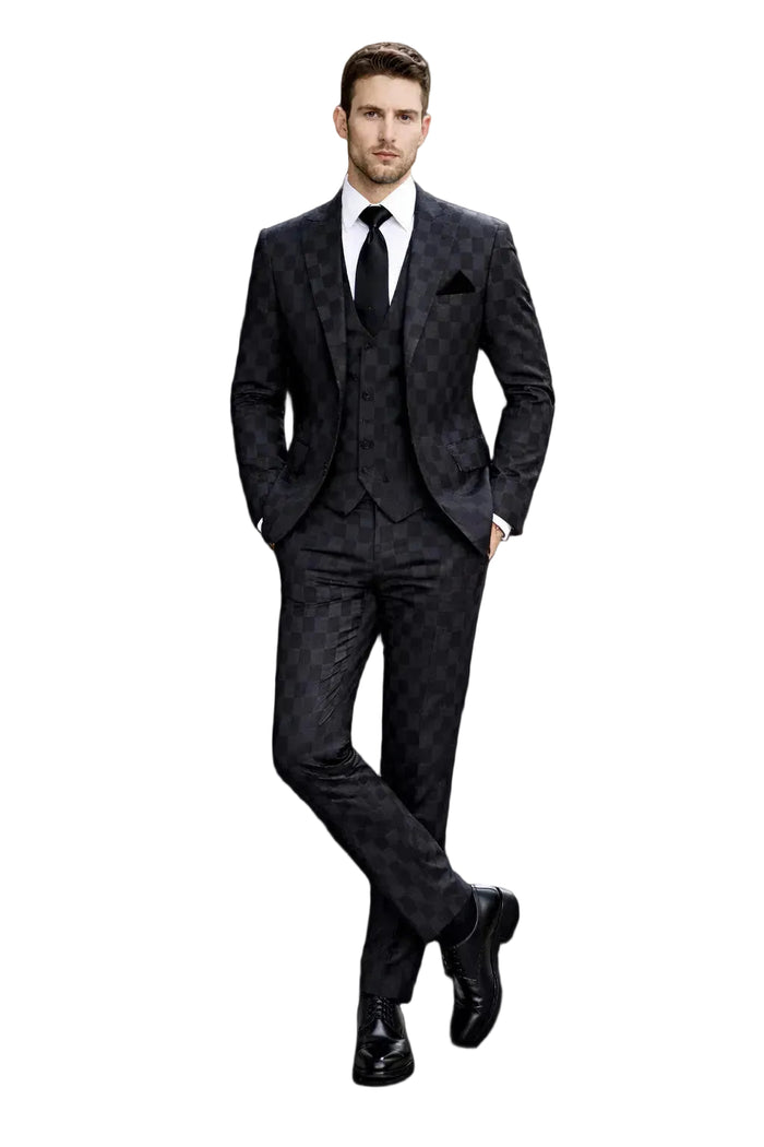 Onyx Checkmate Checkerboard 3-Piece Prestige Suit by Rossiman