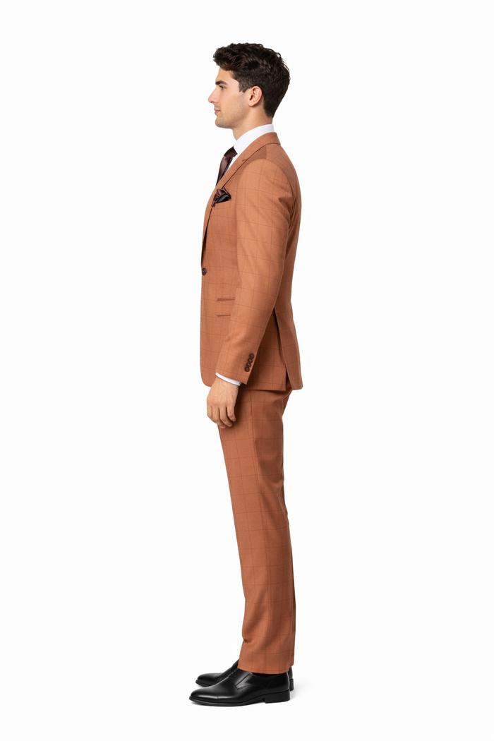Cognac Windowpane 3-Piece Modern Executive Suit by Rossiman