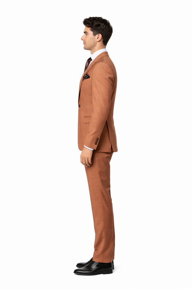 Cognac Windowpane 3-Piece Modern Executive Suit by Rossiman