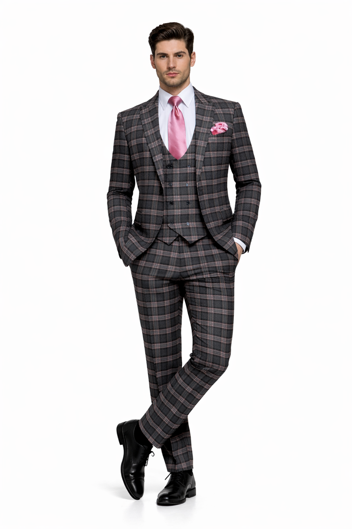 Dark Green & Pink Windowpane Tailored 3-Piece Luxury Suit by Rossiman