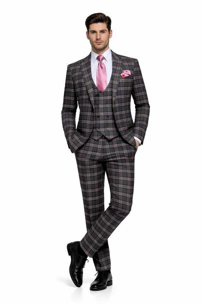 Dark Green & Pink Windowpane Tailored 3-Piece Luxury Suit by Rossiman