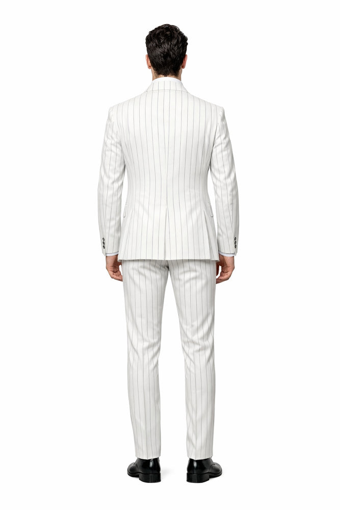 Imperial White Double-Breasted Pinstripe 3-Piece Couture Suit by Rossiman