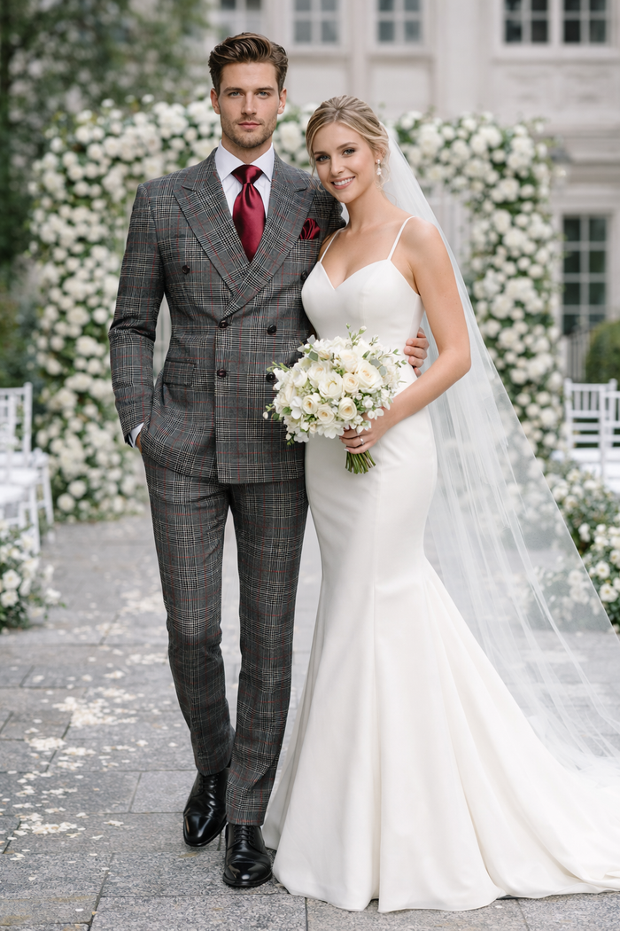 Mens Rossiman Grey Plaid Double Breasted Suit – Modern 6-Button Tailored Fit
