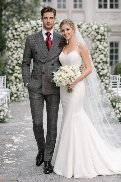 Mens Rossiman Grey Plaid Double Breasted Suit – Modern 6-Button Tailored Fit