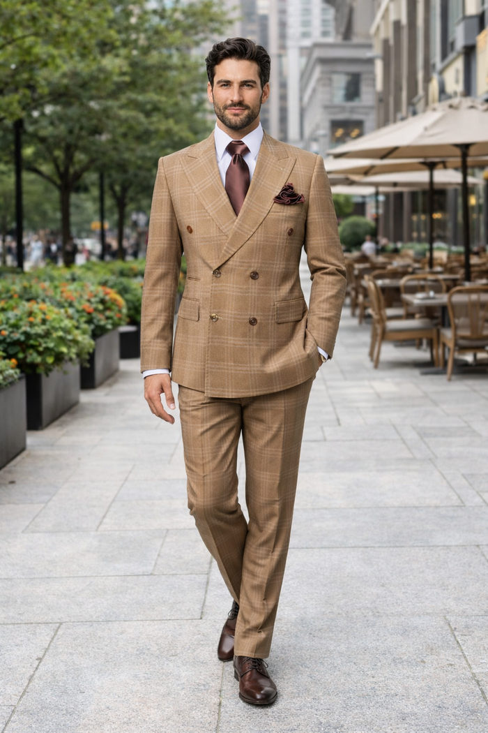 Camel Regent Windowpane Double-Breasted 3-Piece Luxury Suit by Rossiman