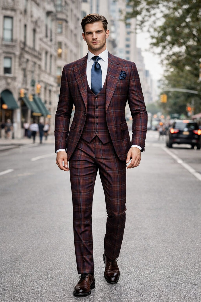 Mens Rossiman Burgundy Plaid 3-Piece Vested Suit – Modern Tailored Fit