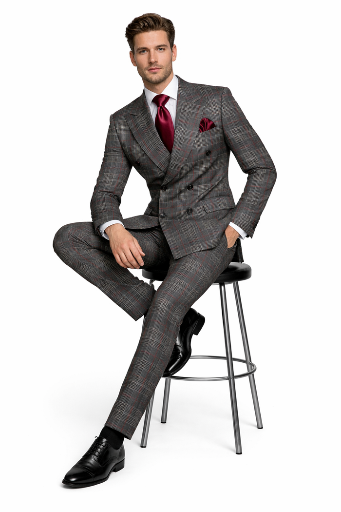 Mens Rossiman Grey Plaid Double Breasted Suit – Modern 6-Button Tailored Fit