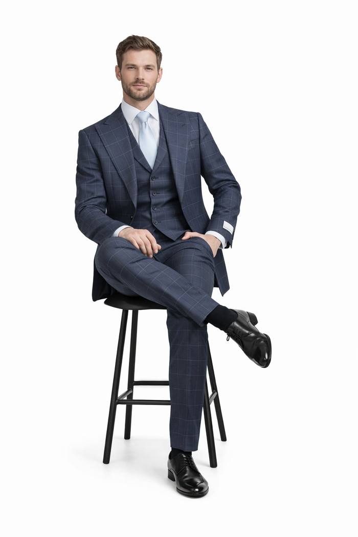 Navy Gridline Windowpane 3-Piece Modern Executive Suit by Rossiman