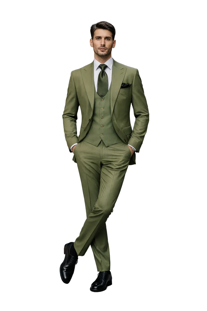 Rossiman Sovereign Olive Green 3-Piece Luxe Satin Suit