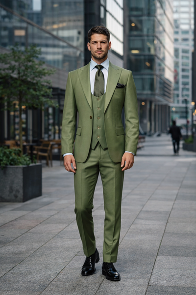 Rossiman Sovereign Olive Green 3-Piece Luxe Satin Suit