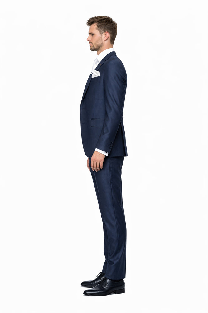 Midnight Navy Textured 3-Piece Luxury Gala Suit with White Accents by Rossiman
