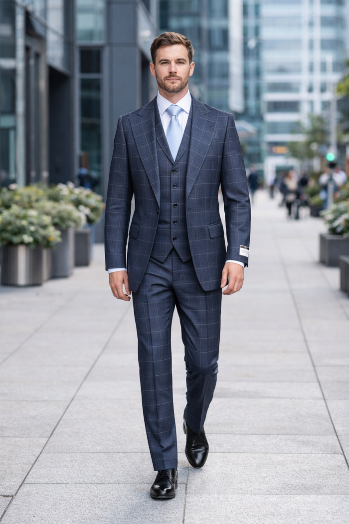 Navy Gridline Windowpane 3-Piece Modern Executive Suit by Rossiman
