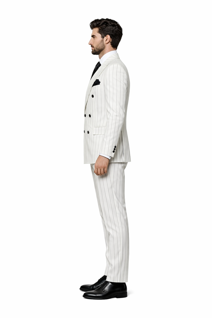 Rossiman Imperial White Double-Breasted Pinstripe Three-Piece Suit