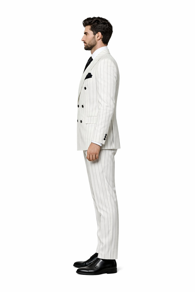 Rossiman Imperial White Double-Breasted Pinstripe Three-Piece Suit