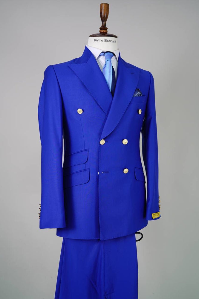 Mens Royal Blue Double-Breasted Suit with Gold Buttons – Slim Fit Formal 2-Piece Set