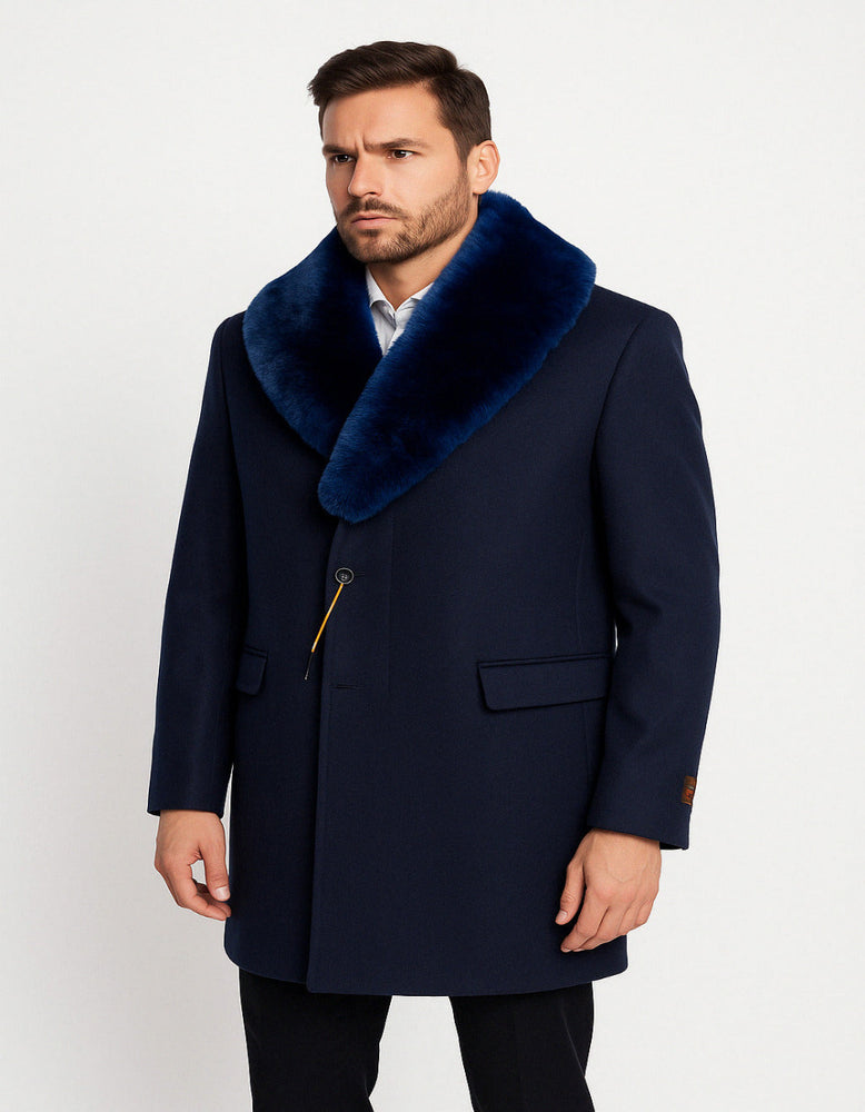 Mens Navy Wool Overcoat with Royal Blue Faux Fur Shawl Collar Cashmere Carcoat