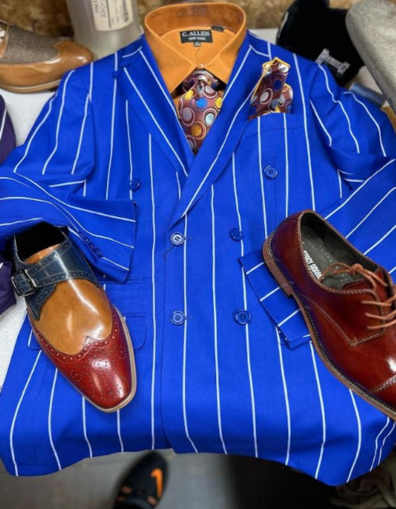 Mens Double Breasted Blazer Suit Jacket - Bold Pinstripe Sport Coat in Royal and White Pinstripe