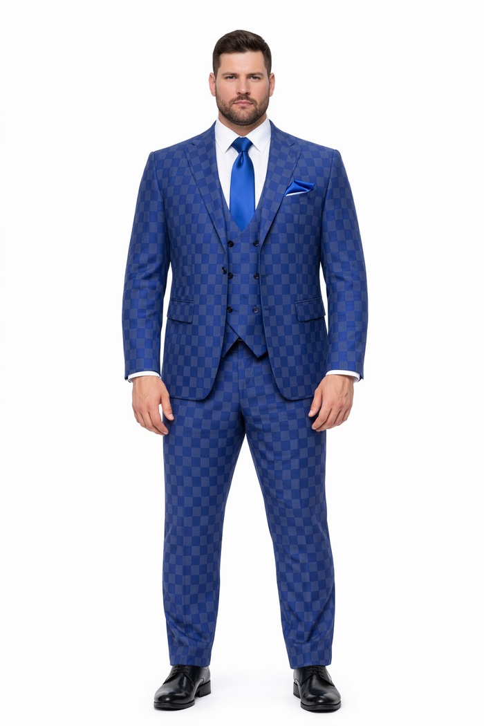 Royal Blue Checkered 3-Piece Executive Suit with Matching Vest