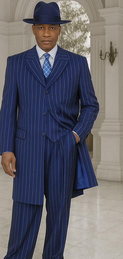 Mens 1920s Navy Blue Zoot Suit – Vintage Gangster 3-Piece Long Jacket Suit Classic Fit Pleated Pants
