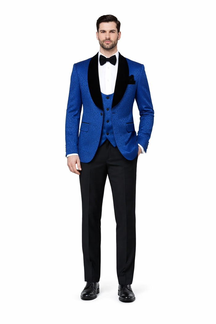 Rossiman Royal Midnight Blue Velvet-Lapel 3-Piece Gala Tuxedo Suit