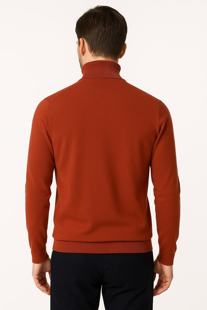 Mens Rust Red Turtleneck Sweater – Slim fit Lightweight Knit Pullover in Brick Color