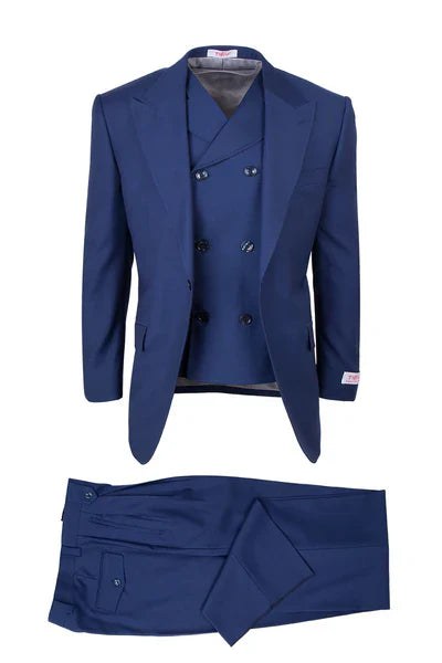 Tiglio Rosso Suit  - Classic Fit Athletic Cut 100% Wool Super 150s Italian Fabric Peak Lapel in Color Blue