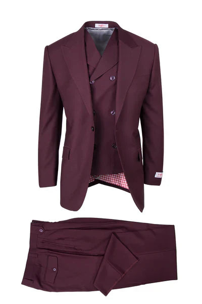 Tiglio Rosso Suit  - Classic Fit Athletic Cut 100% Wool Super 150s Italian Fabric Peak Lapel in Color Burgundy