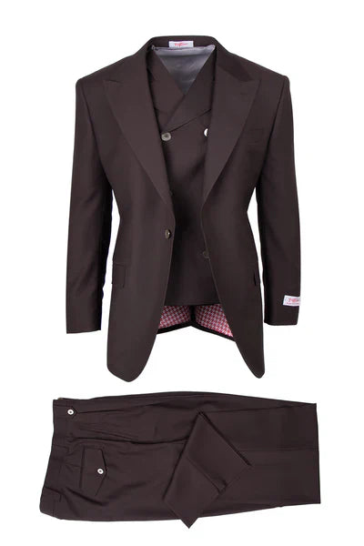 Tiglio Rosso Suit  - Classic Fit Athletic Cut 100% Wool Super 150s Italian Fabric Peak Lapel in Color Dark Brown