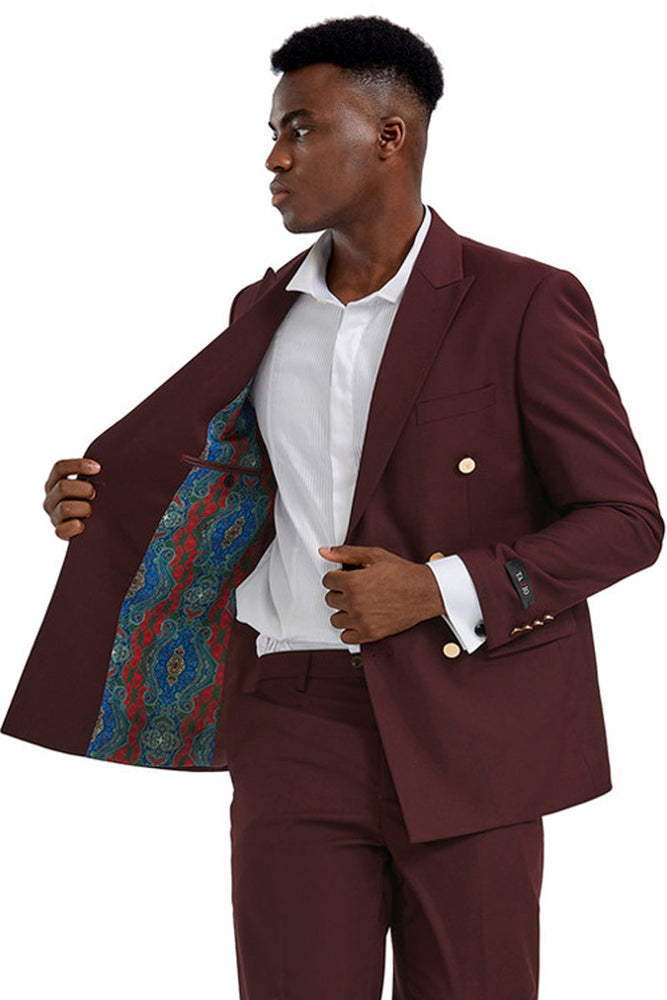Men's Burgundy Double Breasted Suit by Tazzio Suits