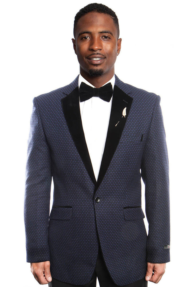 Men's Slim Fit Navy Blue Birdseye Blazer with Velvet Lapel
