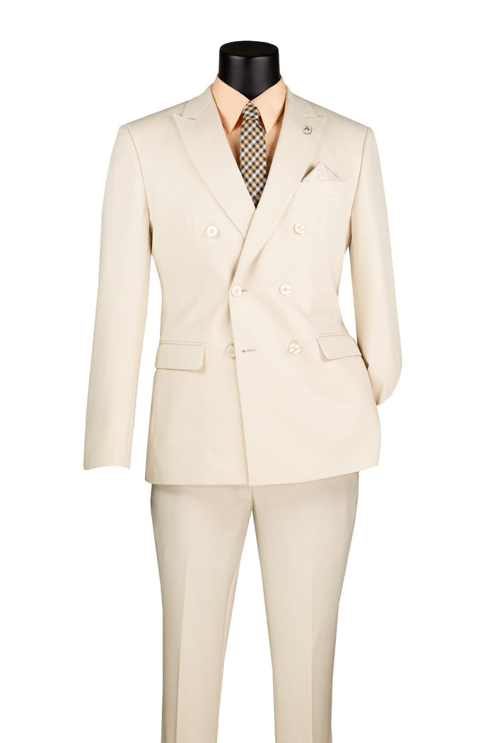 Off White Cream Slim Fit Double Breasted 2 Piece Suit with Flexible Elastic Waistband