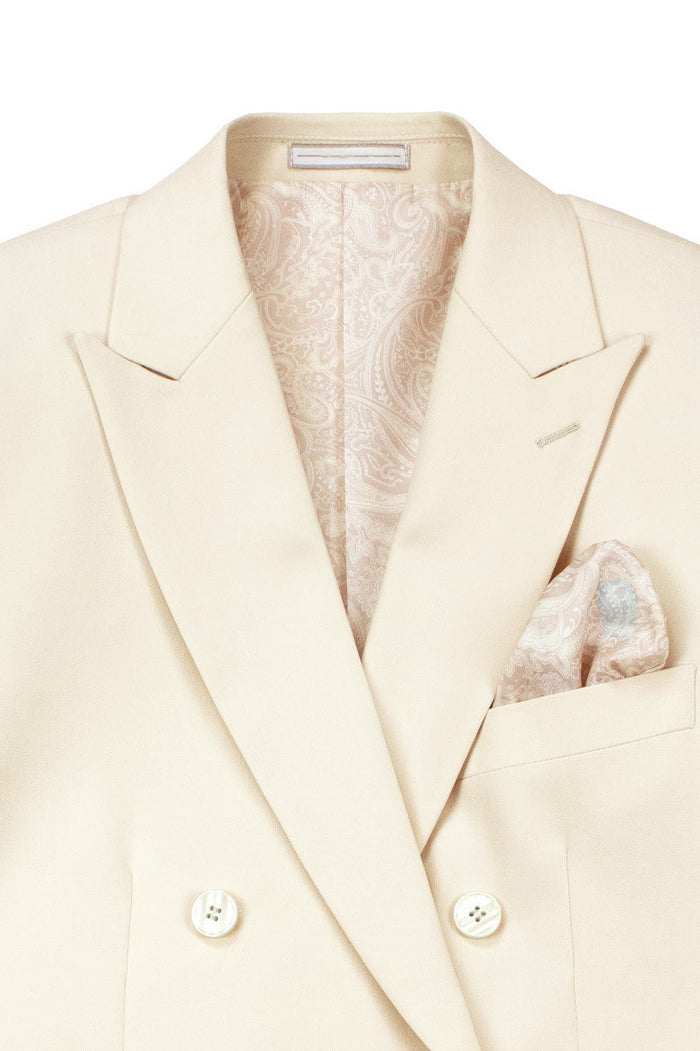 Off White Cream Slim Fit Double Breasted 2 Piece Suit with Flexible Elastic Waistband